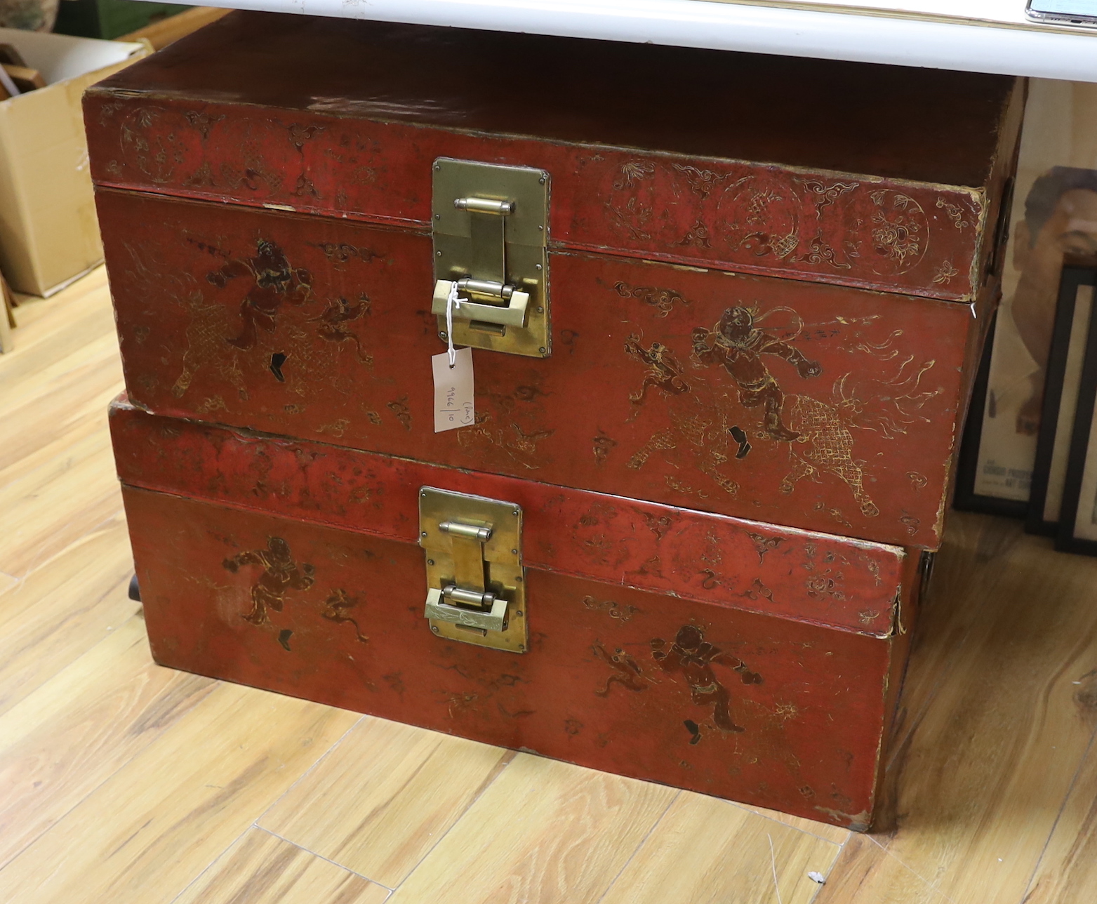 A pair of Chinese scarlet lacquer trunks